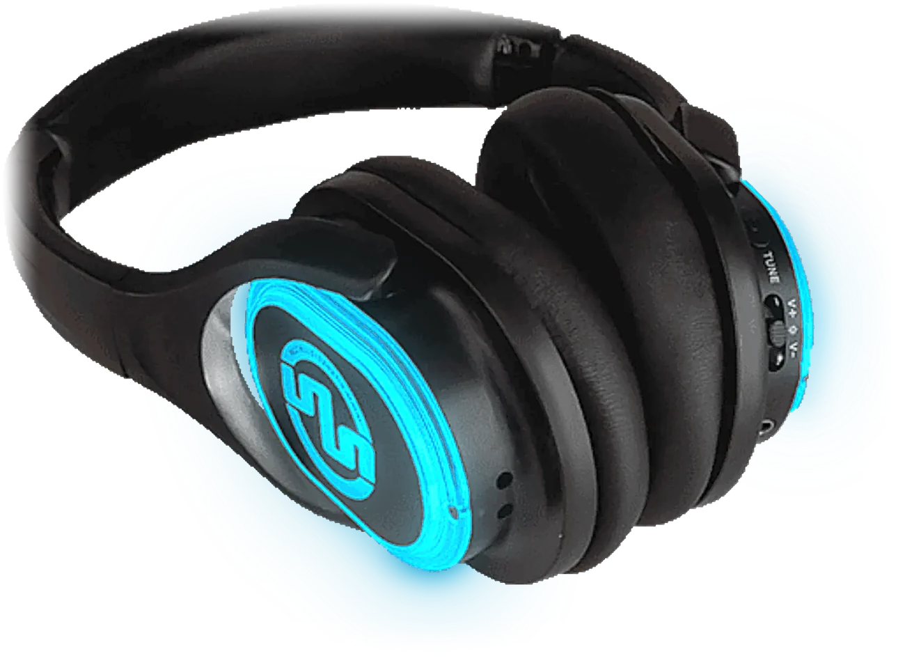 SX-553 Evolution HiFi silent disco headphones with light blue LEDs on
